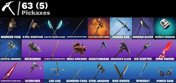 F1330 55 Skins - The Ice King, The Foundation, Arachne, Ronin, Hybrid, Calamity, Zenith, Red Knight - 63 Pickaxes (G)